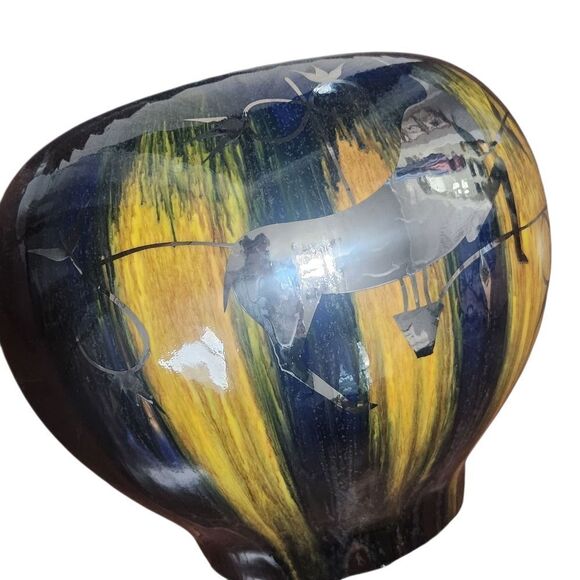 Vintage Mid Century Modern Table Lamp Gazelle Ram Drip Glaze Pottery Pleat Shade - Picture 11 of 14